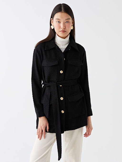 G?mlek Yaka Desenli Kad?n T?vit Blazer Ceket