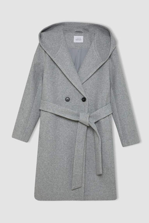 Пальто стандартного кроя с капюшоном и пуговицами, с длинными манжетами и поясом - Defacto фото 6