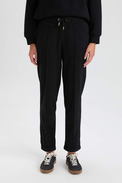 Базовые прямые черные брюки с эластичной резинкой на талии стандартной посадки, длинные черные брюки со складками и карманами на шнуровке - Defacto фото 4