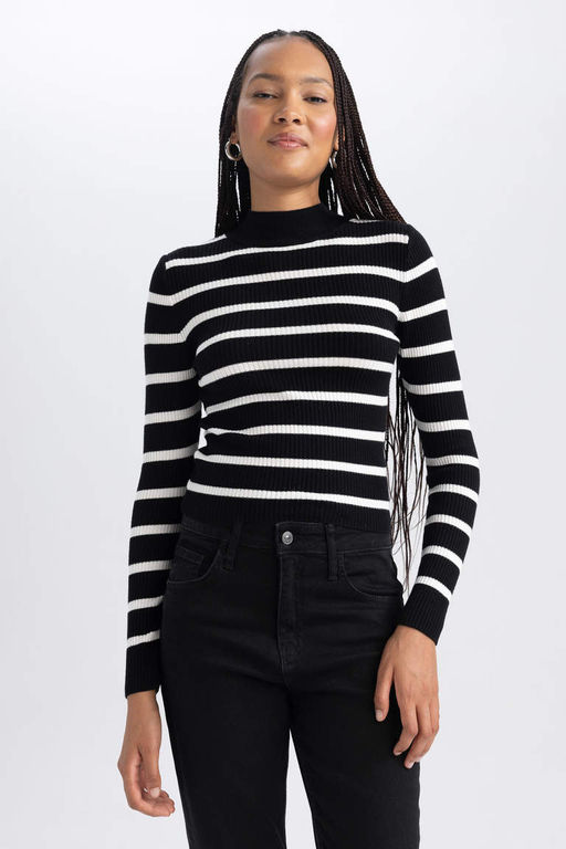 Свитер узкого кроя в полоску с полуводолазкой - Defacto фото 3