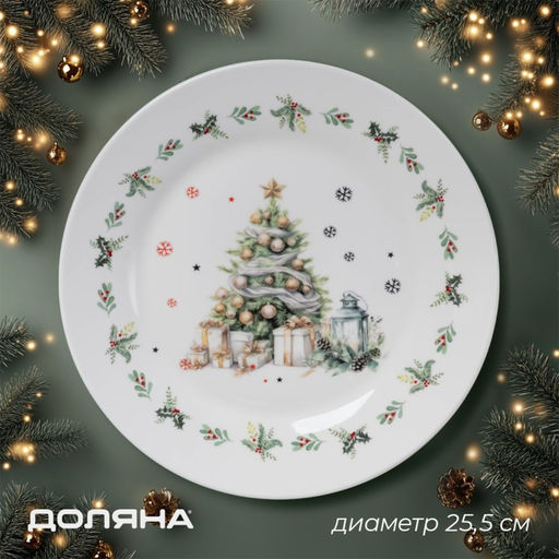 Тарелка новогодняя Доляна Приближение чуда, d=25,5 см, фарфор, цвет белый