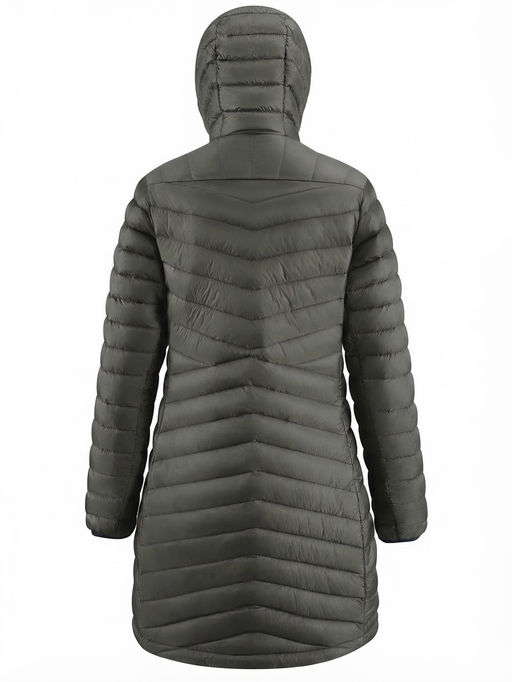 Куртка женская удлинённая стёганая с капюшоном и графеновой подкладкой цвета хаки 9628_1Kh