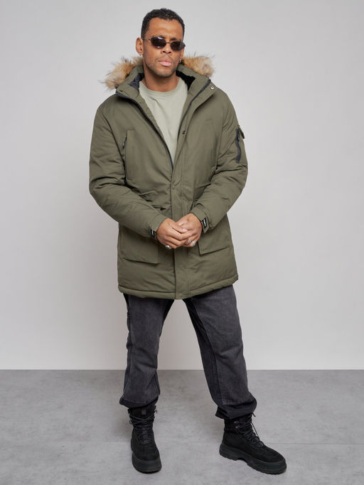 Парка мужская зимняя удлиненная с мехом цвета хаки 8318Kh - Wonderrman фото 12