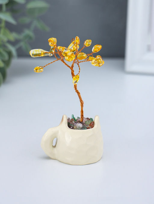 Денежное дерево декоративное «Сувенир бонсай. Котик-кружка», 12 жёлтых камней, 3.5×4.7×7.5 см