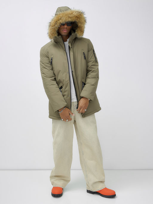 Парка мужская зимняя удлиненная с мехом бежевого цвета 606_1B - Wonderrman фото 15