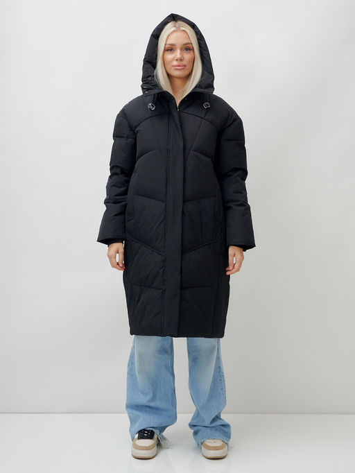 Пальто летучая мышь женское с капюшоном зимнее черного цвета 9616Ch - Mtforce фото 6