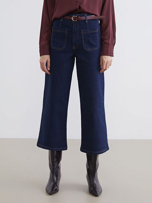 Beli Kemerli Wideleg Kad?n Jean Pantolon