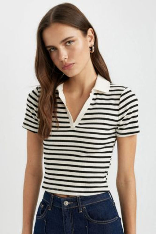 Slim Fit Dar Kesim Cizgili K?sa Kollu Polo Tisort