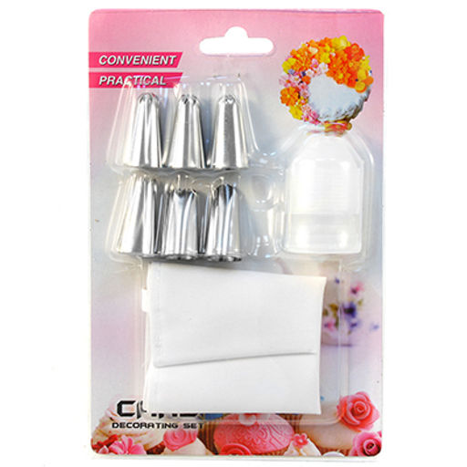 Кондитерский набор 8 предметов "Букет": мешок для крема х/б специальная обратка 32,5см, насадка из нержавеющей стали - 6 штук; фиксатор для насадок пластик; в блистере (Китай)