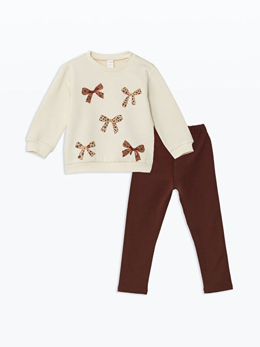 Bisiklet Yaka Uzun Kollu Bask?l? K?z ?ocuk Sweatshirt ve Tayt 2li