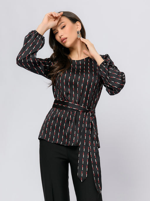 Блуза черного цвета с поясом и длинными рукавами - 1001dress фото 4