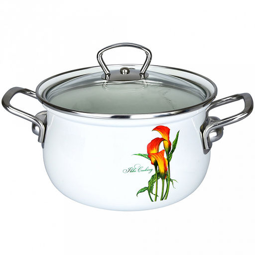 "Каллы" Кастрюля эмалированная 3л, д18см, сферическая форма, металлическая крышка с пластмассовой ручкой-кнопкой, ободок из нержавеющей стали, белый (Россия)