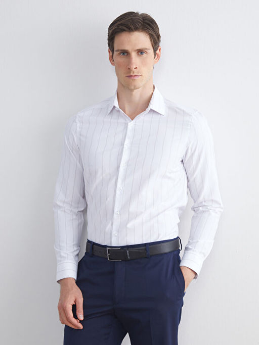 Slim Fit Uzun Kollu ?izgili Gabardin Erkek G?mlek