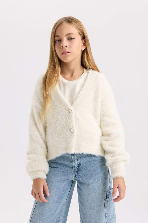 Белый плюшевый кардиган на пуговицах для девочек с V-образным вырезом - Defacto фото 3