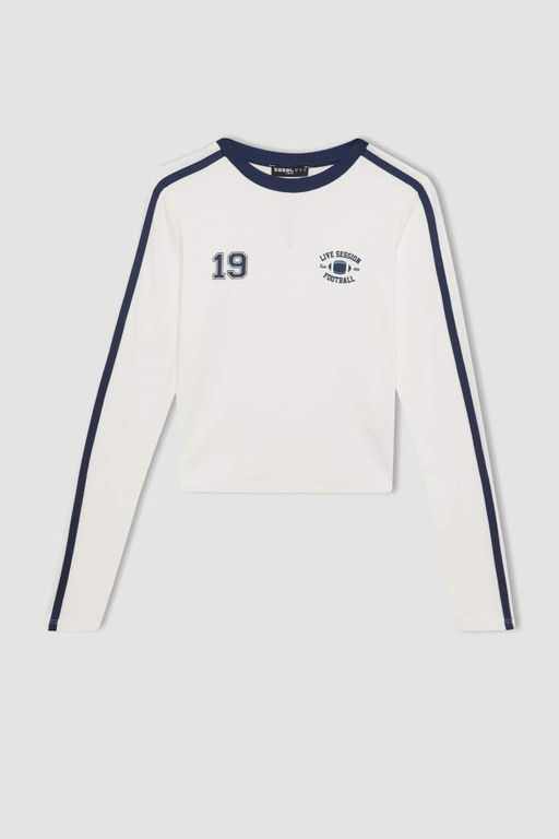 Женская белая классная футболка в рубчик с длинным рукавом с принтом - Defacto фото 7