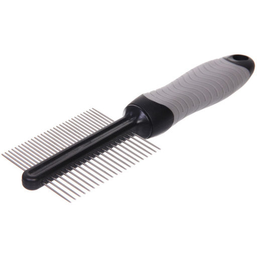Цена за 2 шт. Расческа - гребень двухсторонняя для животных "ПРЕМИУМ - МОЙ БРО", прорезиненная ручка, цвет серый/черный, 5.2*21.5см