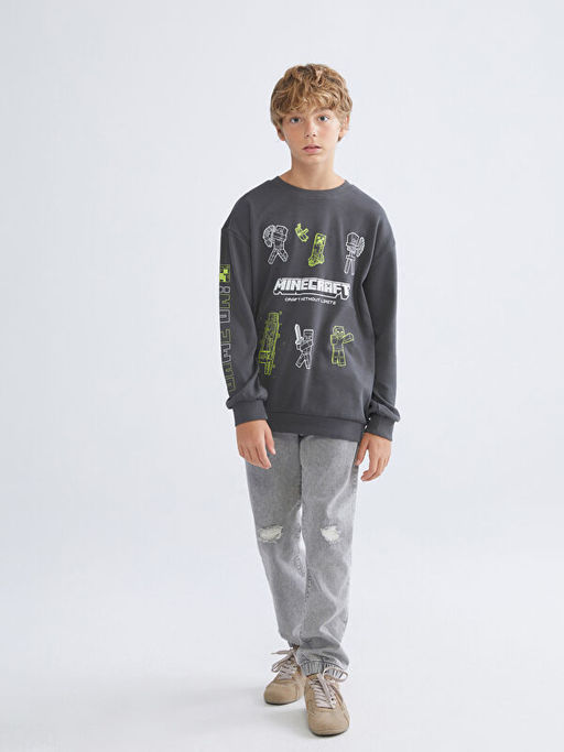 Bisiklet Yaka Minecraft Bask?l? Erkek ?ocuk Sweatshirt