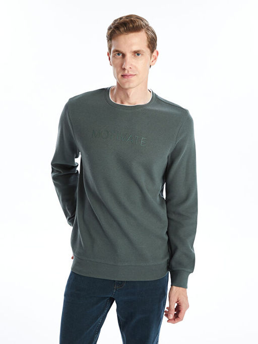 Bisiklet Yaka Uzun Kollu Bask?l? Erkek Sweatshirt