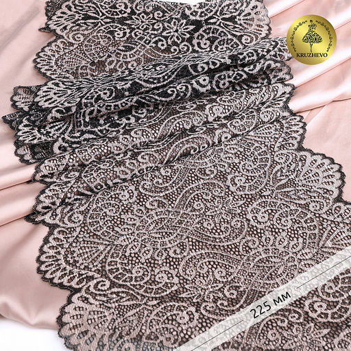 Кружево-стрейч KRUZHEVO арт.TBY.40992 шир.240мм цв.L168 серебристый пион+черный уп.3м