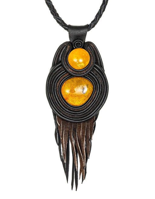 Эффектное колье из кожи Амазонка с лимонным янтарём