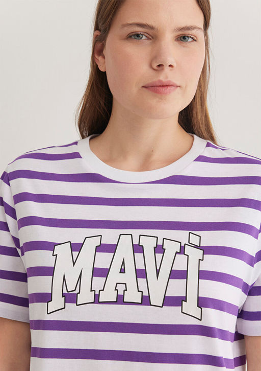 Mavi Logo Bask?l? Cizgili Mor Tisort  фото 5