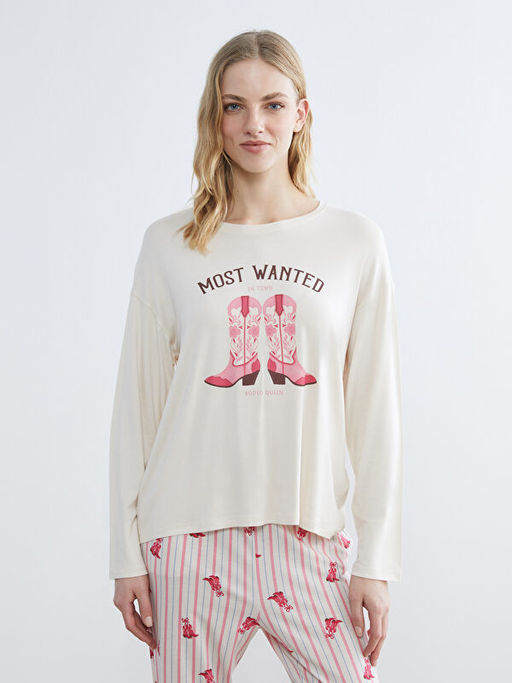 Bisiklet Yaka Bask?l? Kad?n Pijama Tak?m?