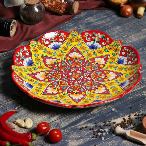 Ляган узбекский Риштанская Керамика «Орнамент», d=32 см, красный
