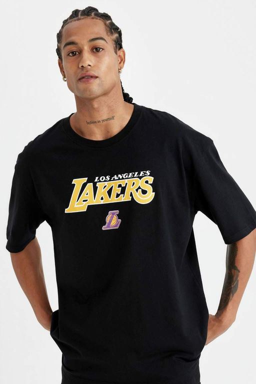 DeFactoFit NBA Los Angeles Lakers Oversize Genis Kal?p Bisiklet Yaka Bask?l? K?sa Kollu Tisort  фото 5
