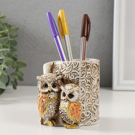Фигурка-карандашница полистоун «Филины с орнаментом», 6.5×8.5×9 см