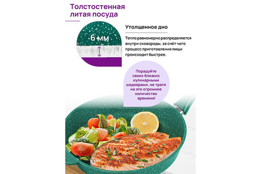 Сковорода ВОК 28 см 3 л ГАРМОНИЯ ВКУСА Изумруд С КРЫШКОЙ ф28, 33,5*29,5*13,5 см - Elan gallery фото 5