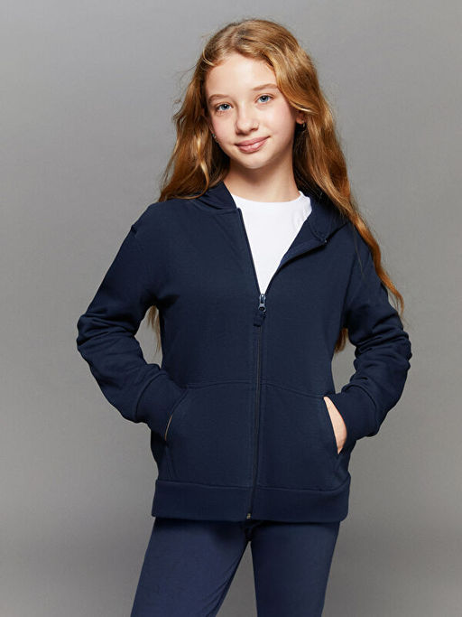 Kap??onlu Basic Uzun Kollu K?z ?ocuk Fermuarl? Sweatshirt