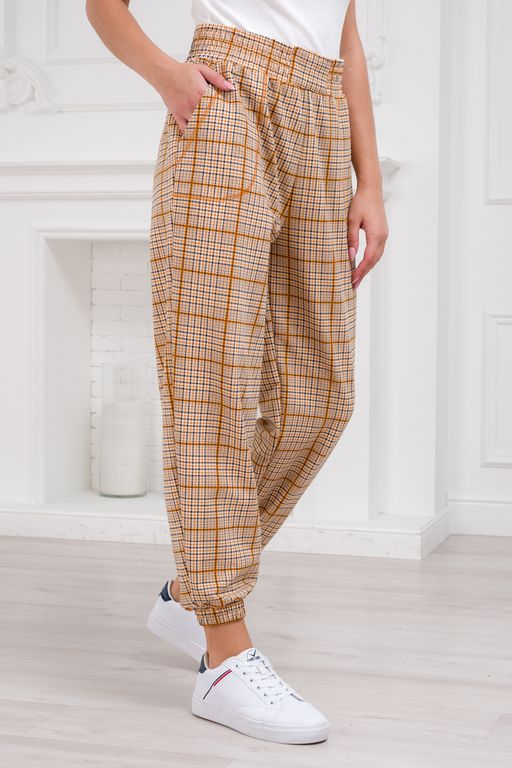 Брюки женские из футера Забава клетка горчица - Амадэль фото 5