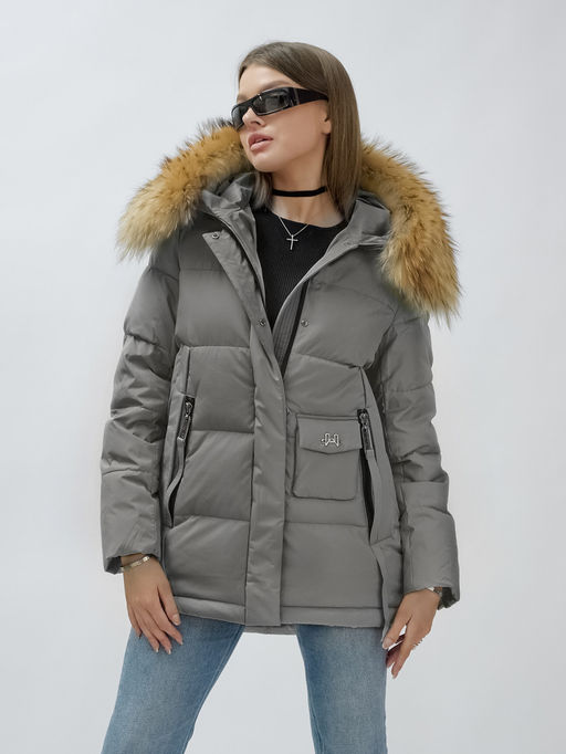 Куртка женская зимняя с мехом енот премиум класса серого цвета 3215Sr