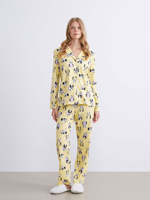 G?mlek Yaka Bask?l? Kad?n Pijama Tak?m?