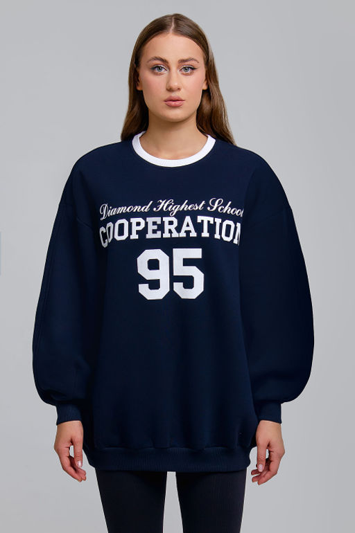 Арт. 1901 Свитшот женский с начесом удлиненный оверсайз 44-54 Цвет:темно-синий - Калинка фото 8