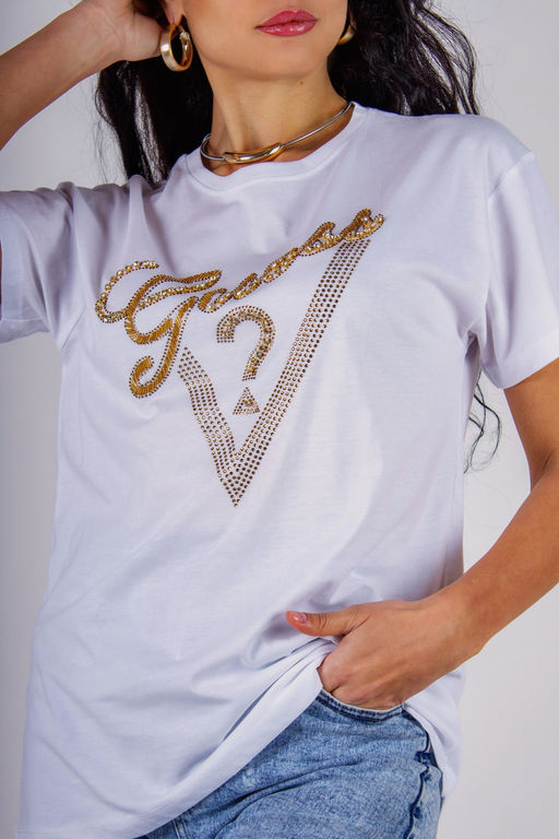 Футболка "Guess" с треугольником стразы, камешки, бусины