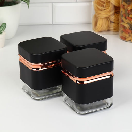 Банки для сыпучих продуктов «Классика», 500 мл, 9.5×11.8 см, 3 шт., стекло, чёрные