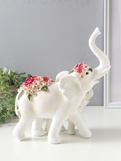 Сувенир полистоун "Белый слон со слонёнком в цветах" 25,4х13,8х29,2 см