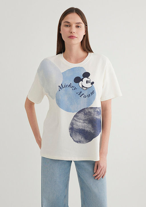 Mickey Mouse Bask?l? Beyaz Tisort - Mavi фото 2