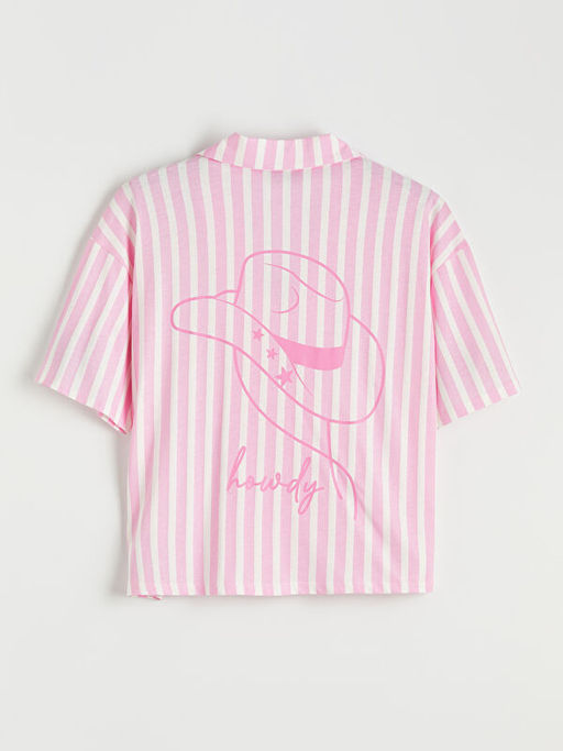 G?mlek Yaka ?izgili Kad?n ?ortlu Pijama Tak?m?