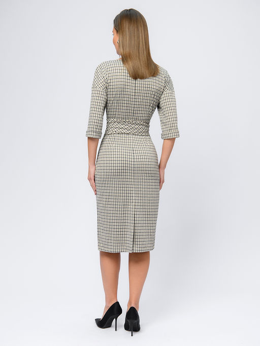 Платье бежевого цвета в клетку длины миди с широким поясом - 1001dress фото 3