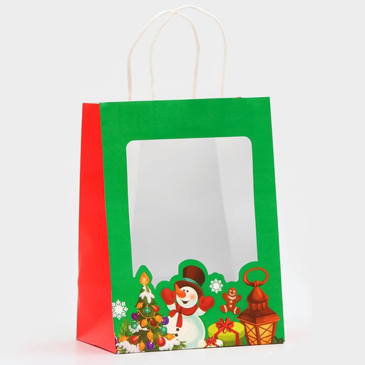 Цена за 2 шт. Пакет подарочный бумажный с окном «Снеговик» 19×26×13 см, крафт зеленый