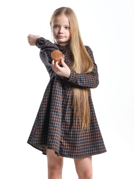 Платье для девочки в клетку с заплатками на рукавах UD 7863 син-горчица клетка - Mini maxi фото 12