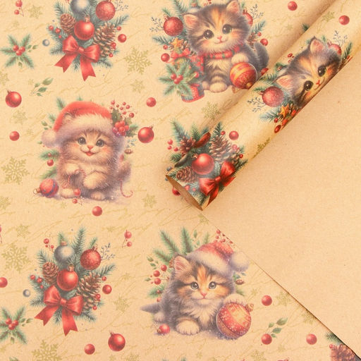 Цена за 10 шт. Бумага упаковочная новогодняя Котик, бурый крафт, 80 г/м?, 50?70 см