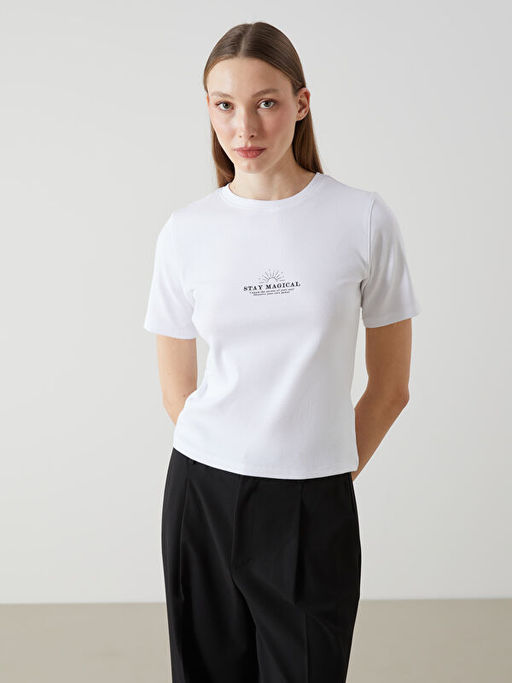 Bisiklet Yaka Bask?l? Kad?n Ti??rt