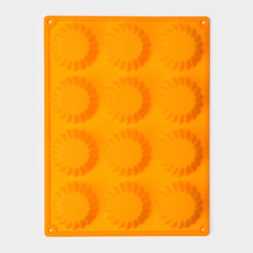 Форма для выпечки Доляна «Сладости. Круг реб», силикон, 28×21 см, 12 ячеек, d=6 см, d по дну = 4 см, оранжевая