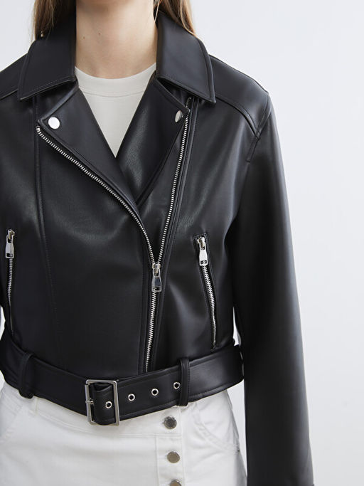 Biker Yaka Kad?n Deri G?r?n?ml? Ceket