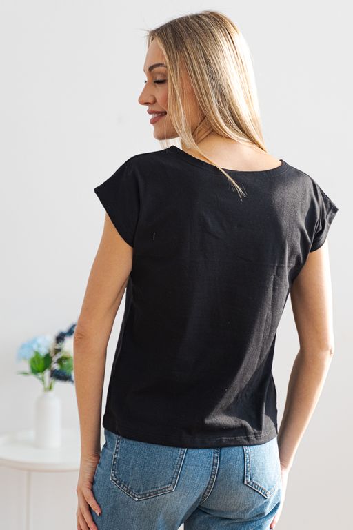 Футболка женская со спущенным плечом из кулирки Лира черный с принтом Moments - Амадэль фото 3