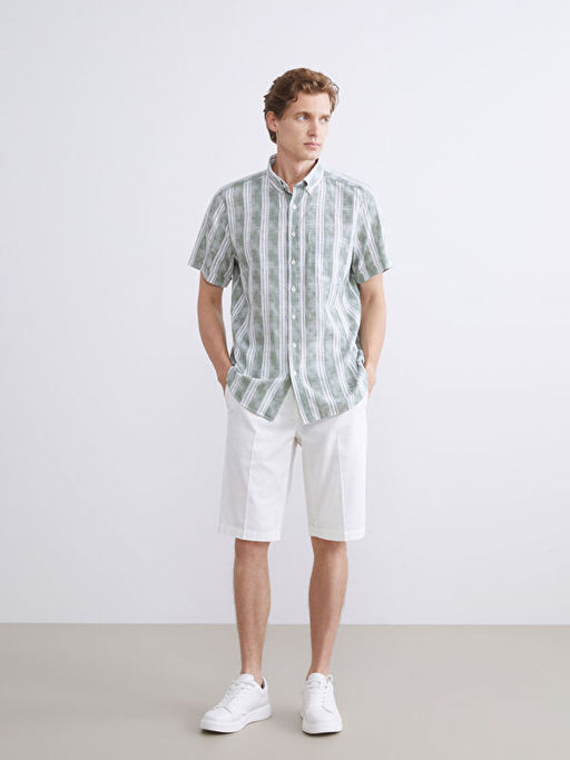 Regular Fit K?sa Kollu ?izgili Poplin Erkek G?mlek