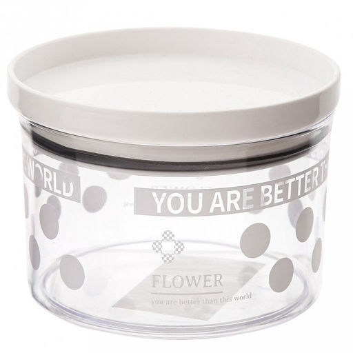 "Горошек" Банка для сыпучих продуктов пластмассовая 0,28л, д9,3см, h7см, прозрачный, с деколью, прижимная крышка с силиконовым уплотнителем (Китай)